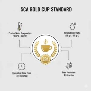 An infographic showing the Golden Cup Standard requirements for a certified coffee maker.