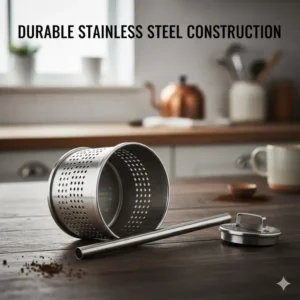 Detailed view of the durable stainless steel basket and stem inside the best percolator coffee machine.