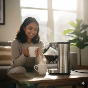 A person pouring a cup of specialty coffee brewed from a certified coffee maker.