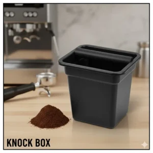 A durable espresso knock box for disposing of used coffee pucks, a must-have barista tools for workflow.