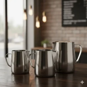 Various sizes of stainless steel milk frothing pitchers used as standard barista equipment for latte art.