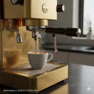 Pouring a fresh cup of espresso from a high-end gold coffee maker.