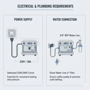 Illustration of the electrical and water connection for the best commercial espresso machine small coffee shop installation.