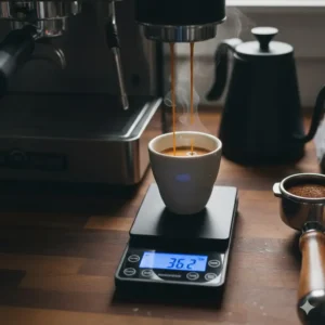 A precision digital coffee scale measuring a shot, used alongside other professional espresso tools.