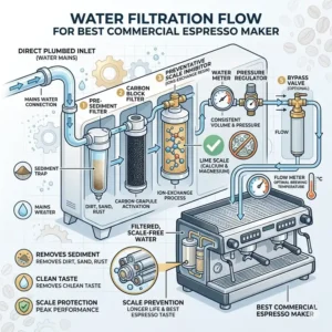 Diagram of the essential water filtration setup required for a professional best commercial espresso maker to prevent scale buildup.