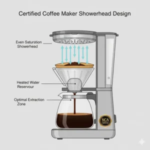 Illustration of the wide showerhead design inside a certified coffee maker for even saturation.