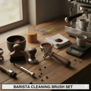 A set of specialized barista tools including group head brushes and grinder cleaning equipment.