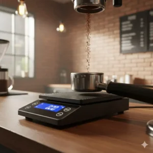A digital precision scale weighing coffee grounds, ensuring consistency with professional barista equipment.