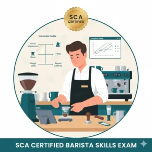 A barista technical setup for the espresso extraction and calibration part of an sca certified exam.