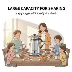 An illustration showing a 12-cup best percolator coffee machine serving a group of people at a breakfast table.