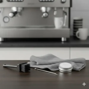 A coffee machine cleaning kit including brushes and cloths, necessary espresso tools for maintenance.