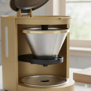 Interior view of a gold coffee maker showing the reusable stainless steel filter basket.