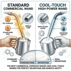 Illustration of high-pressure steam wands on the best commercial espresso maker for creating microfoam.