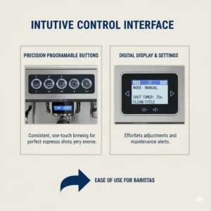Close-up view of the digital control panel on the best commercial espresso machine small coffee shop model.