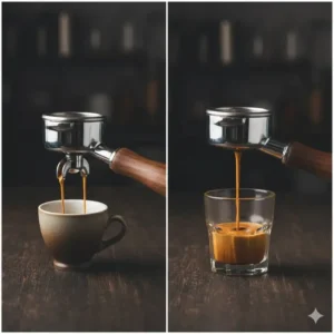 A bottomless portafilter showing espresso extraction, one of the most popular diagnostic espresso tools.