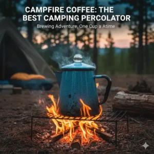 A rugged blue enamel stovetop model as the best percolator coffee machine for camping and outdoor use.