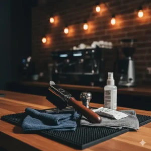 A specialized cleaning and maintenance kit designed for keeping barista equipment in top condition.