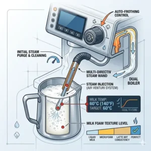 Infographic showing electrical and plumbing requirements for installing a heavy-duty best commercial espresso maker.