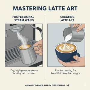 High-pressure steam wand performance on the best commercial espresso machine small coffee shop for latte art.