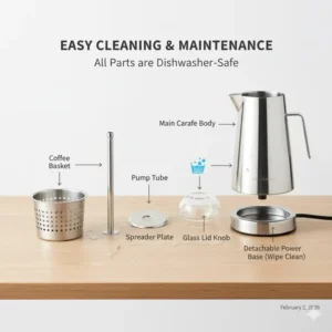 Illustration of disassembled, dishwasher-safe parts of the best percolator coffee machine for easy cleaning.