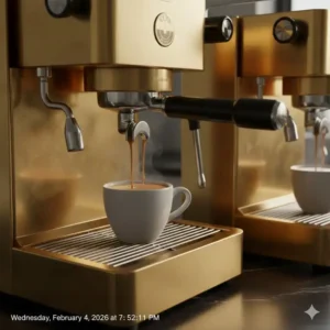 A luxury gold coffee maker unboxed and ready for a kitchen countertop upgrade.