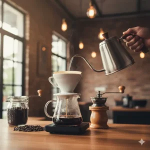 A manual pour-over brewing set including a gooseneck kettle, representing specialty barista equipment.