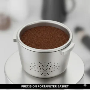 A close-up of a precision portafilter basket, a technical barista tools for better extraction quality.