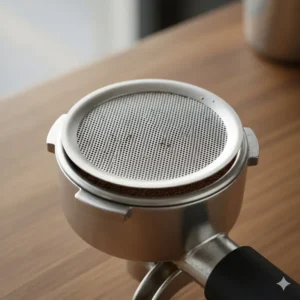 A stainless steel puck screen placed on a portafilter, specialized espresso tools for water distribution.