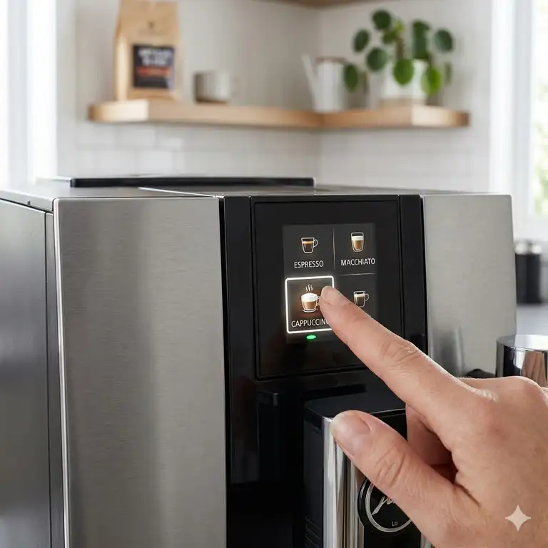 A modern kitchen featuring the best automatic cappuccino machine brewing a fresh cup.