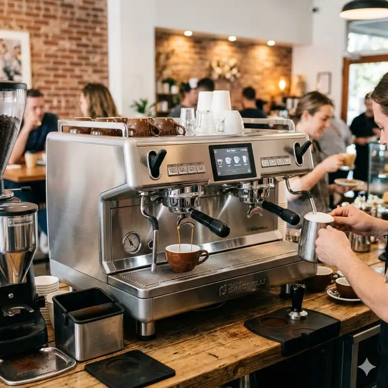 A professional barista using the best commercial automatic espresso machine in a high-end cafe.