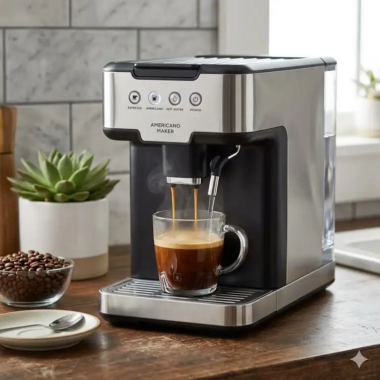 A premium stainless steel americano coffee maker brewing a fresh cup of coffee in a modern kitchen.