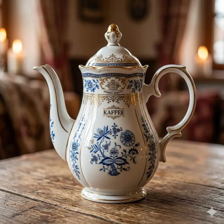 Featured Image: A vintage white porcelain german coffee pot with gold trim and floral patterns on a wooden table.