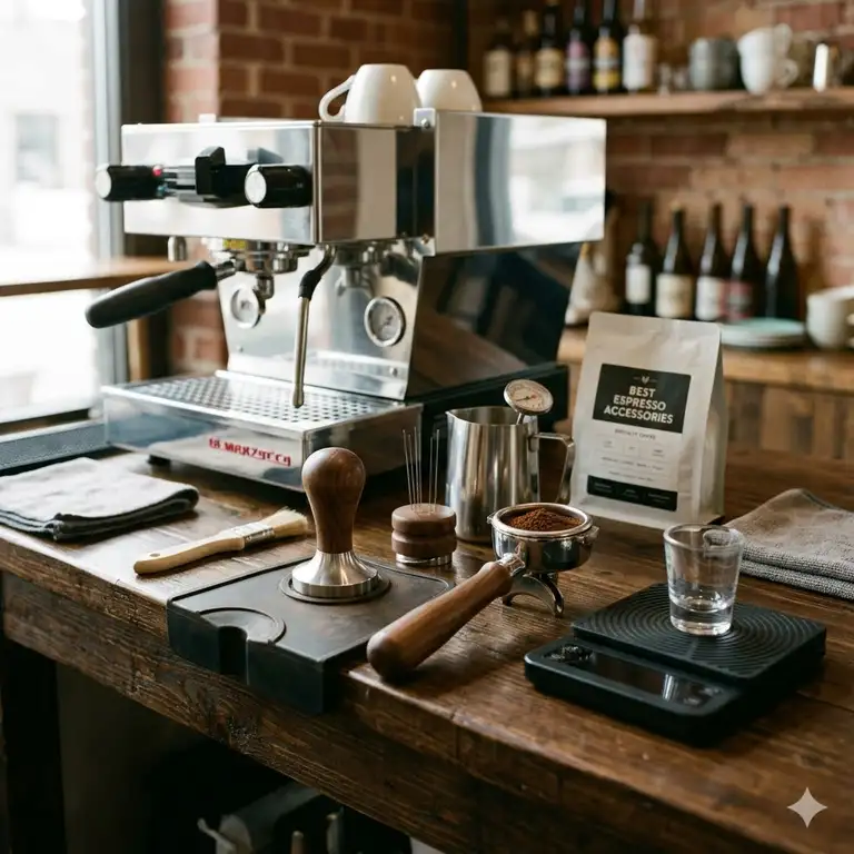 Featured Image: A professional home coffee station displaying a variety of the best espresso accessories on a wooden counter.