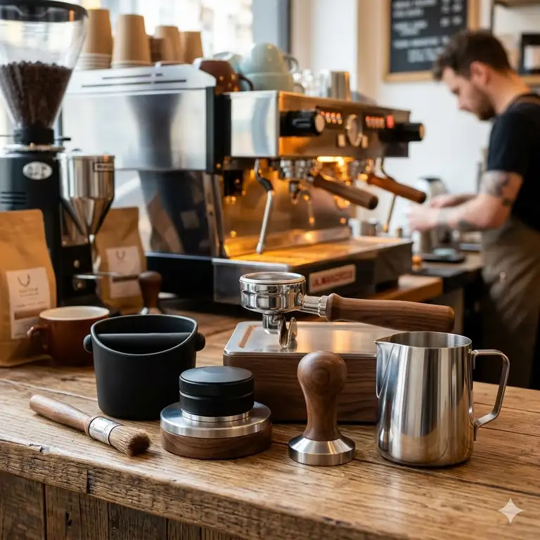 A professional espresso machine accessory kit displayed on a wooden cafe counter.