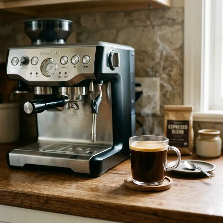 A professional featured image showing a finished cup of espresso machine americano on a wooden table.