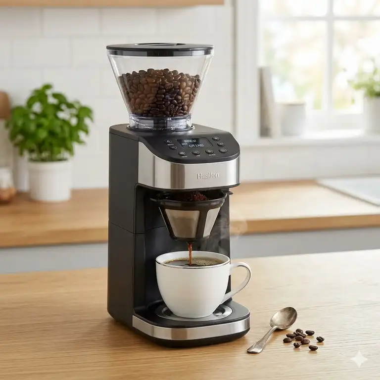Featured Image: A premium single serve grind and brew coffee machine placed on a modern kitchen countertop.