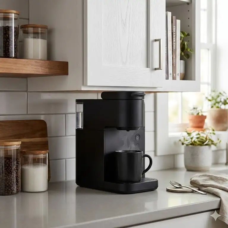 A professional lifestyle photo of a short coffee maker for low cabinets on a modern kitchen counter.