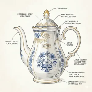 Illustration 1: A detailed technical diagram showing the internal parts and structure of a german coffee pot.