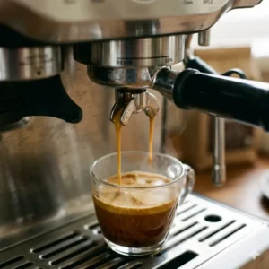 A close up of the brewing process for an espresso machine americano with rich coffee flowing into a cup.