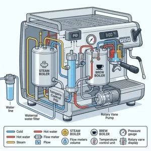 Detailed diagram showing the dual boiler components of the best commercial automatic espresso machine.