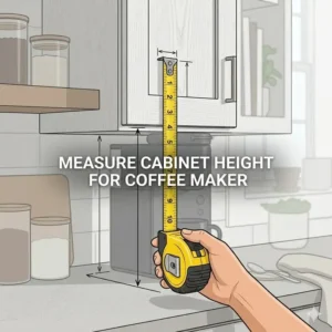 Diagram showing how to measure kitchen clearance for a short coffee maker for low cabinets.
