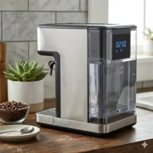 Side view of a modern americano coffee maker with a sleek digital display and water reservoir