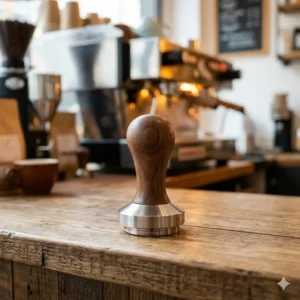 A stainless steel tamper from the espresso machine accessory kit on a barista station.