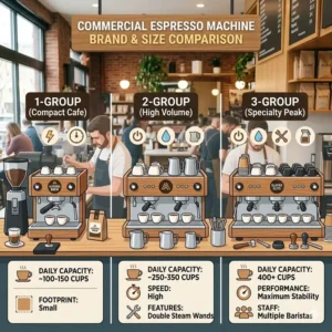 A comparison chart showing different group head sizes available across leading commercial espresso machine brands.