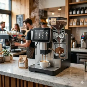 An automated bean-to-cup best commercial coffee brewer showing the internal grinding and brewing process.