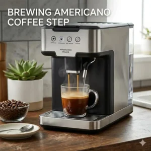 Hot water being added to an espresso shot by an automatic americano coffee maker.