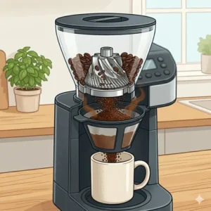 Illustration 2: Fresh coffee pouring into a white cup from a single serve grind and brew system.
