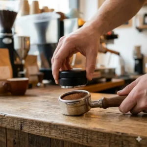 Using a distribution tool included in the espresso machine accessory kit to level coffee grounds.