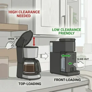 Comparison of top-loading vs front-loading access for a short coffee maker for low cabinets.