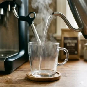 Pouring hot water into a glass mug as the first step to prepare an espresso machine americano.